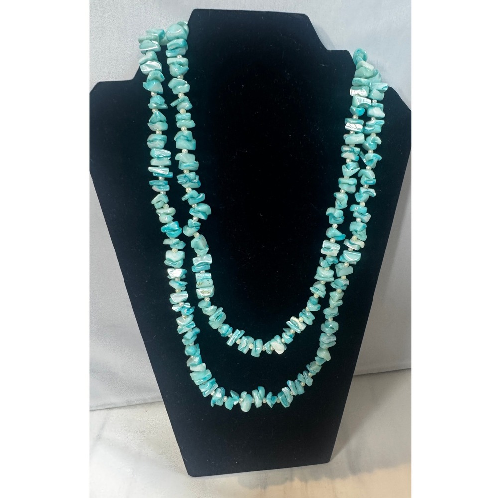 Turquoise Blue Mother of Pearl Shell‎ Chip Long Strand Layering Necklace 47 Inch